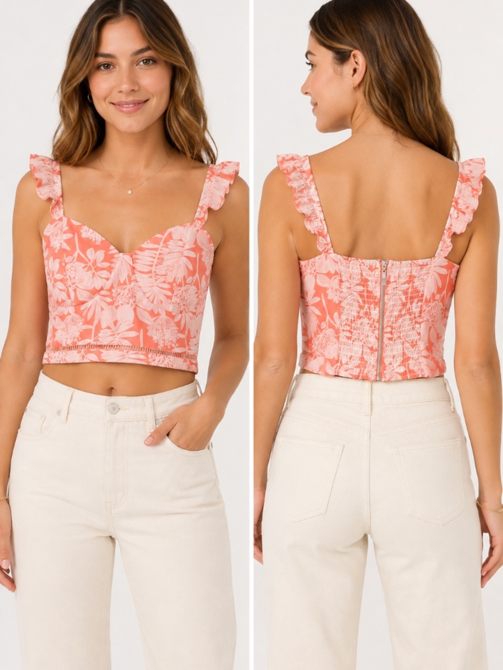 Y2K baby doll crop top L smocking crochet frill lined back zip beach boho floral